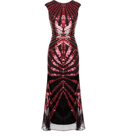 Red and Black Gatsby 1920s Style Sequined Gown Size Small